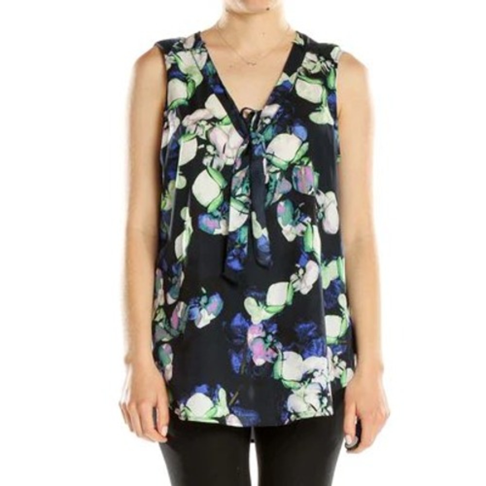 Banana Republic Womens Navy Floral Tie Neck Sleeveless Blouse Top Medium